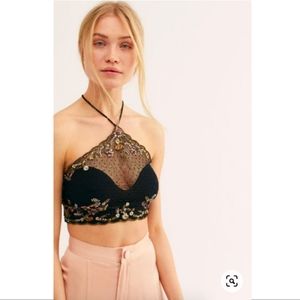 Free People Embellished Black Lace Crop Top